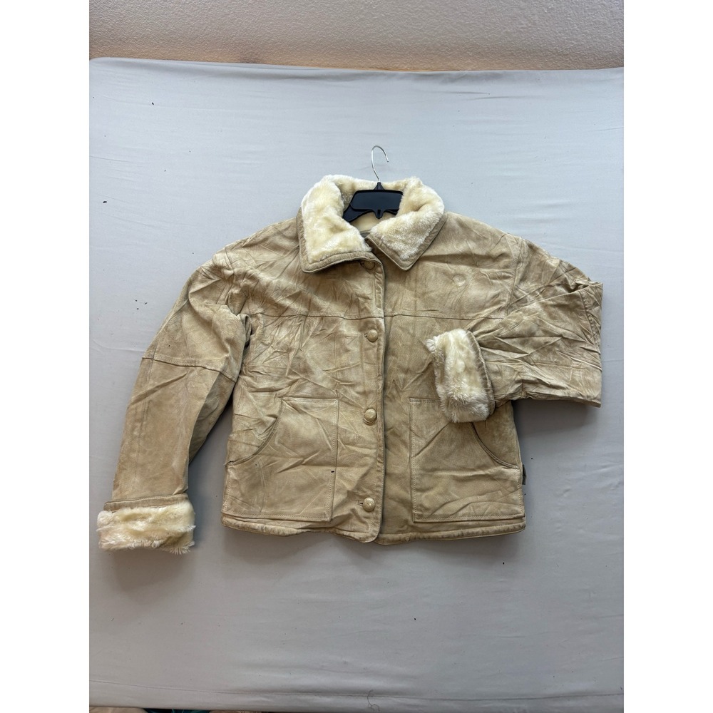 Pacific Trail Outdoor Wear Tan Faux Suede Fur Trim Button Front Jacket Small